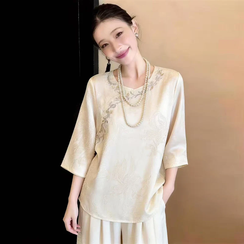New Chinese Style Embroidered Shirt Ladies Top with Floral Pattern Wide Leg Pants Set Traditional Wedding Clothing for Women