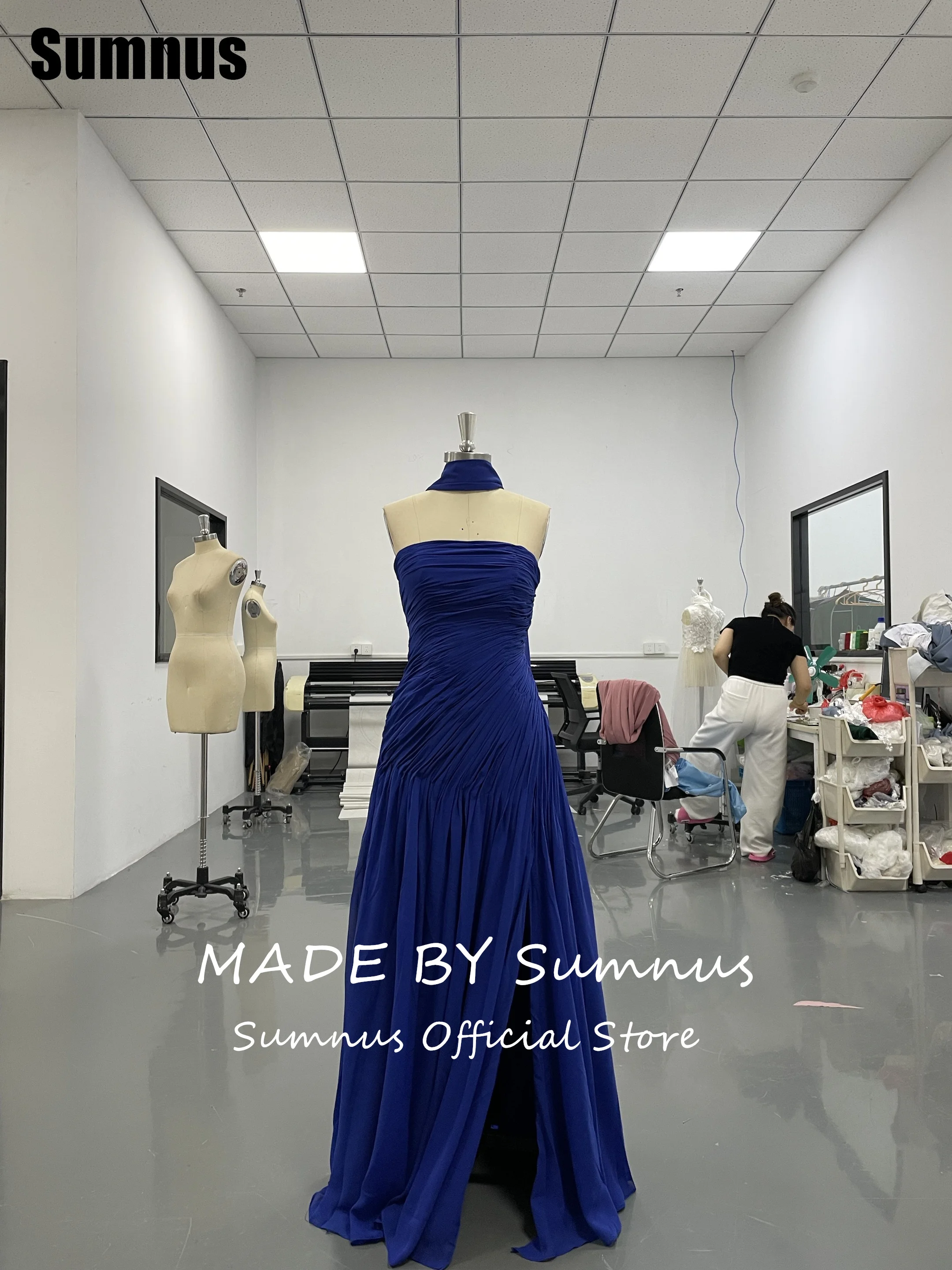 Sumnus Simple Straight Royal Blue Prom Dresses Strapless Side Slit Party Dresses Sleeveless Evening Dresses Customized image 6