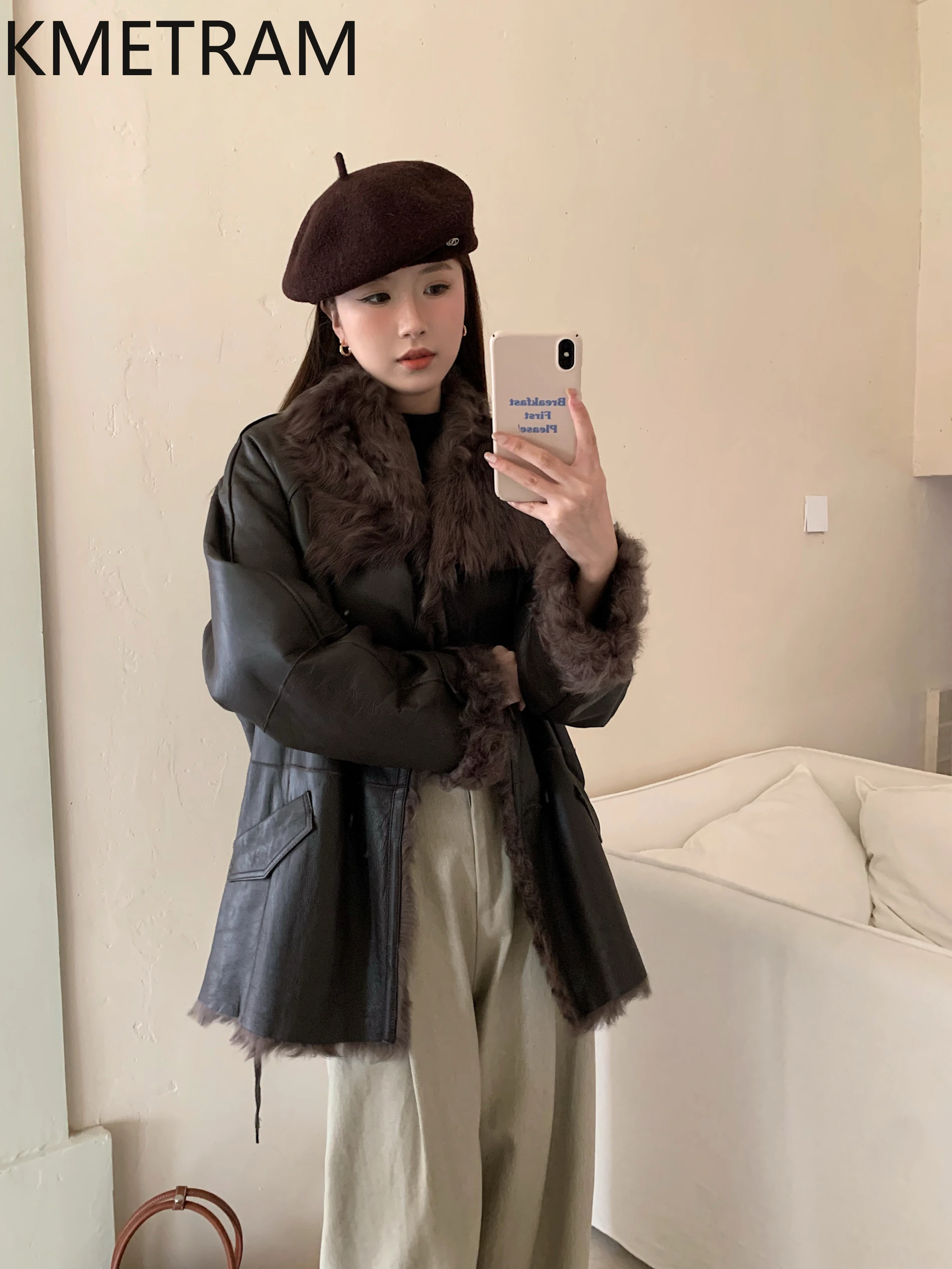 KMETRAM Natural Wool Sheepskin Double Faced Fur Coat Woman Luxury Mid Length Real Fur Jacket 2025 Winter Clothes шуба женская