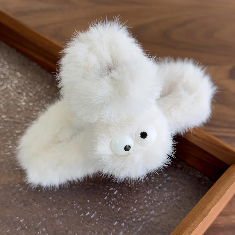 Ugly Cute Big Eye Fuzzy Hair Claw for Women Large Plush Shark Clip Back of Head Bun Holder Soft Winter Accessory