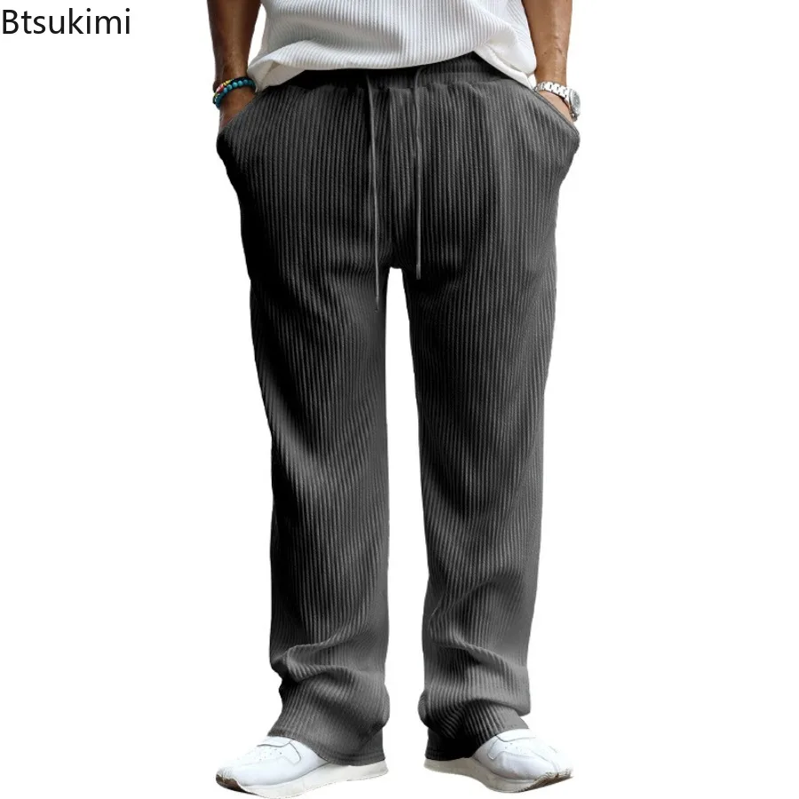 Spring Autumn New Men's Casual Loose Straight Pants Fashion Solid Jacquard Striped High Waist Wide Leg Trousers Male Streetwear