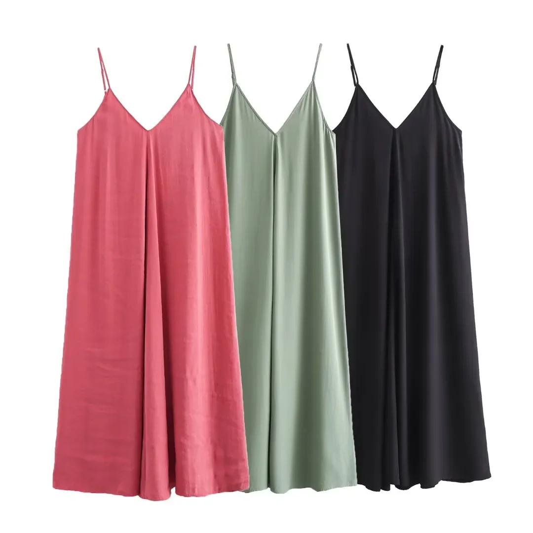 TRAF Long Dresses 2024 Summer Women\'s Elegant Party Slip Dresses Ladies Fashion Casual Backless Red Green Black Dress Vestidos