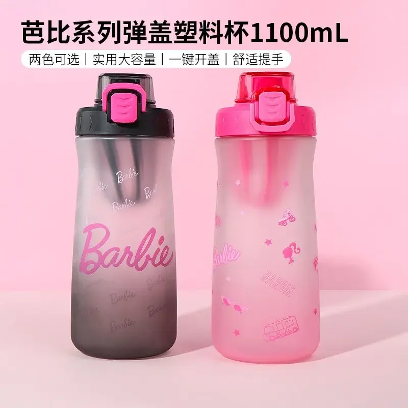 

MINISO Barbie Sport Water Bottle 1100mL Pink Girl Large Capacity Drinking Cup Barbie Strawless Tumbler for Girl Christmas Gifts