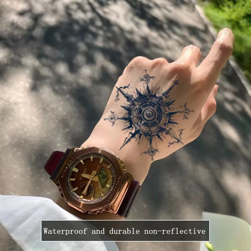 Hand Back Compass Herbal Juice Tattoo Stickers Totem Waterproof Lasting Fake Tattoo Personality for Men Women Semi-permanent Art