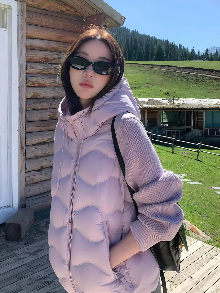 Jaet ligero con capucha para exteriores para mujer, abrigo con cremallera púrpura cálido con plumas blancas, ort 90, corte holgado informal