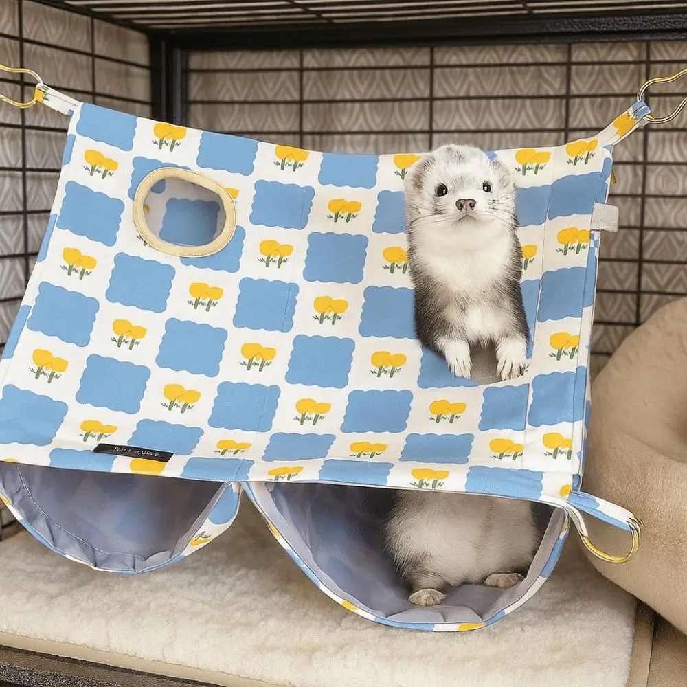 

Cartoon Pattern Hanging Ferret Hammock Multi-Sided Opening Breathable Double Layer Hammock Waterproof Hamster Nest For Pet Cage