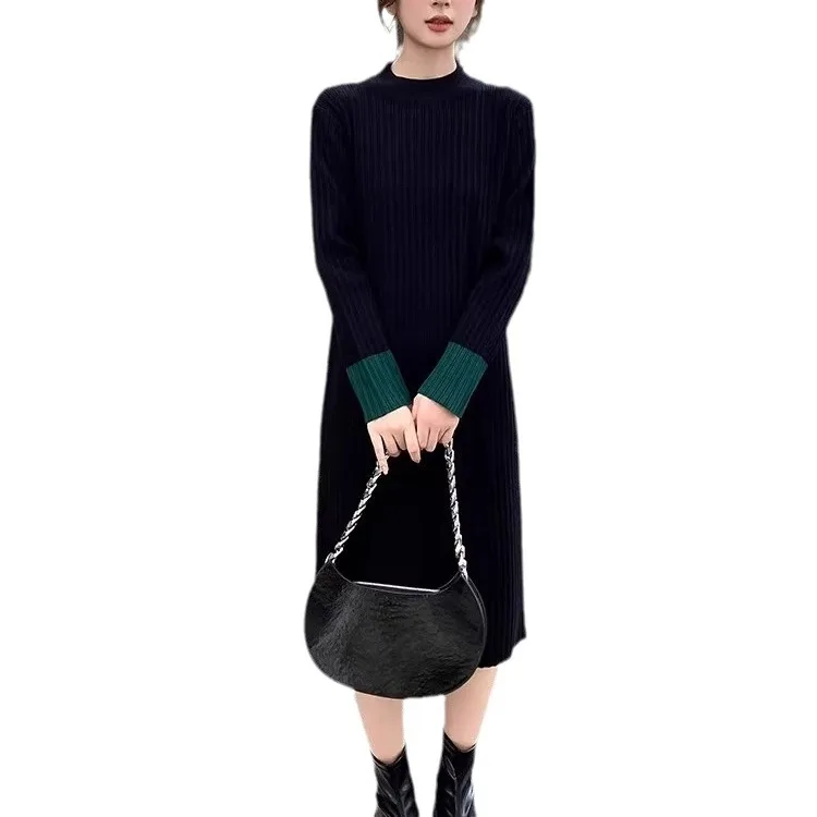 基本的な着用冬服女性ハーフタートルネック暖かいニットウェア春秋の女性のセーターミドルロングドレスプルオーバージャンパー