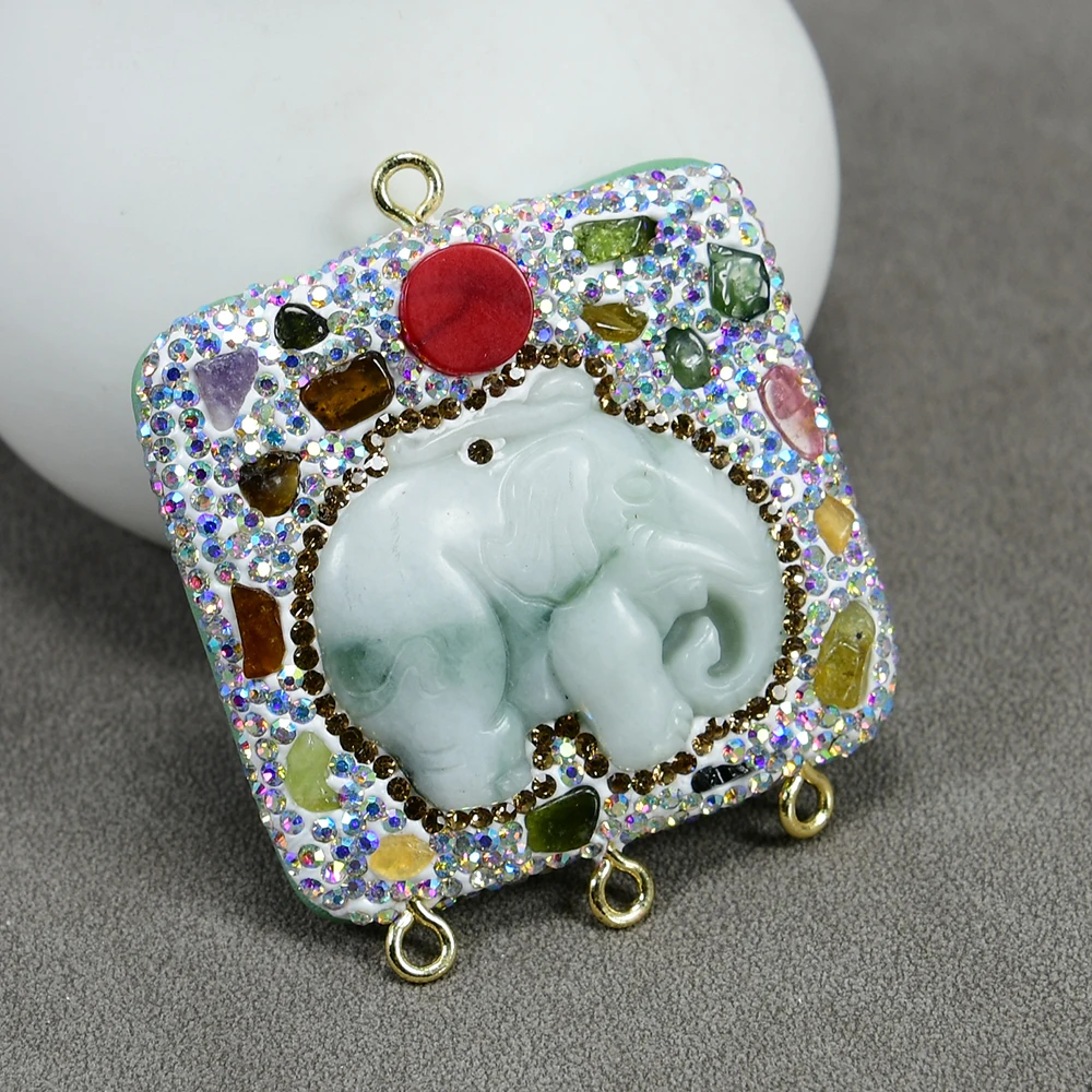 2 Pcs 45mm Natural Jadeite Carved Elephant Tourmaline Coral Pendant Cz Pave Pendant Connector Charm Necklace Making DIY