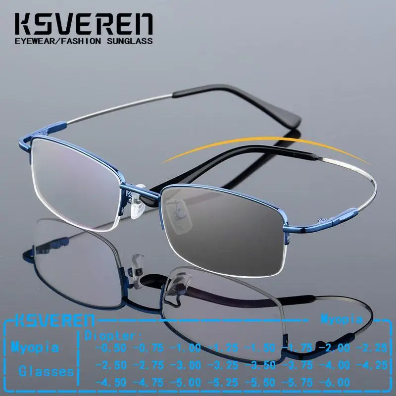Men Half Frame Myopia Glasses Metal Photochromic Distance Eyepiece Nearsighted Prescription Glasses Negative Diopter Sunglasses