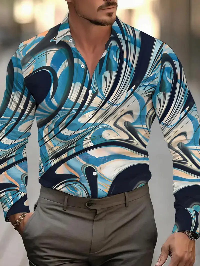 

Мужская рубашка с 3D принтом листьев и цветов, полосатая рубашка с цветочным узором, повседневная рубашка с длинным рукавом, свободный топ с лацканами