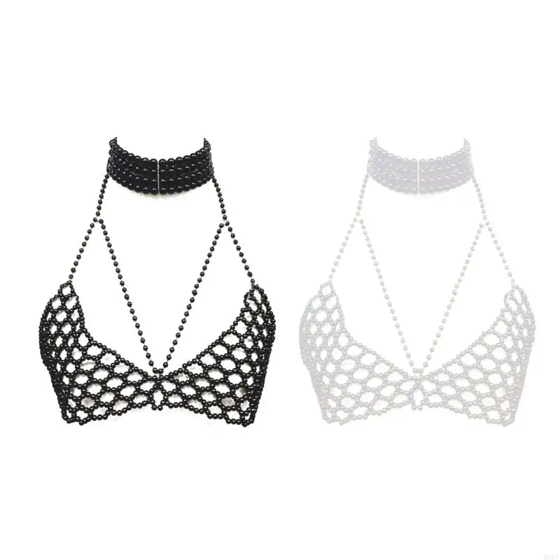 

D0LC Elegant Imitation Pearls Chest Chain Bra Body Jewelry for Party and Beachwear