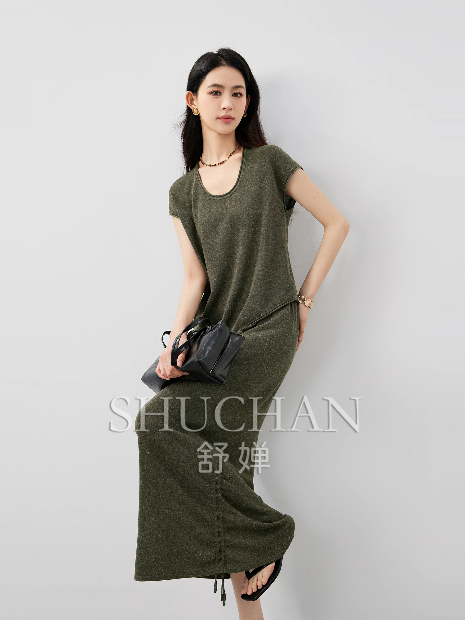 

[Intelligent ROW style wear] Linen Lyocell, curled U-neck knitted sweater + skirt set womens two peice sets