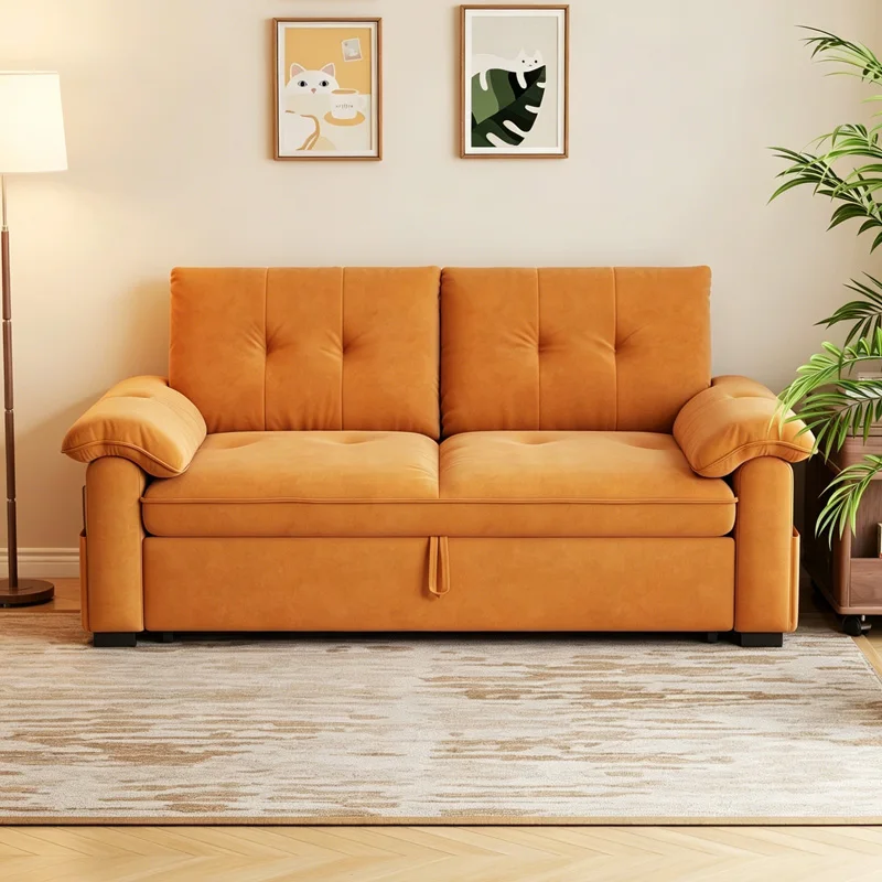 Pull-out Sofa Bed With Cat Paw Velvet Fabric, Foldable Sleeper Couch With Side Storage Pockets, Ideal For Small Living Rooms