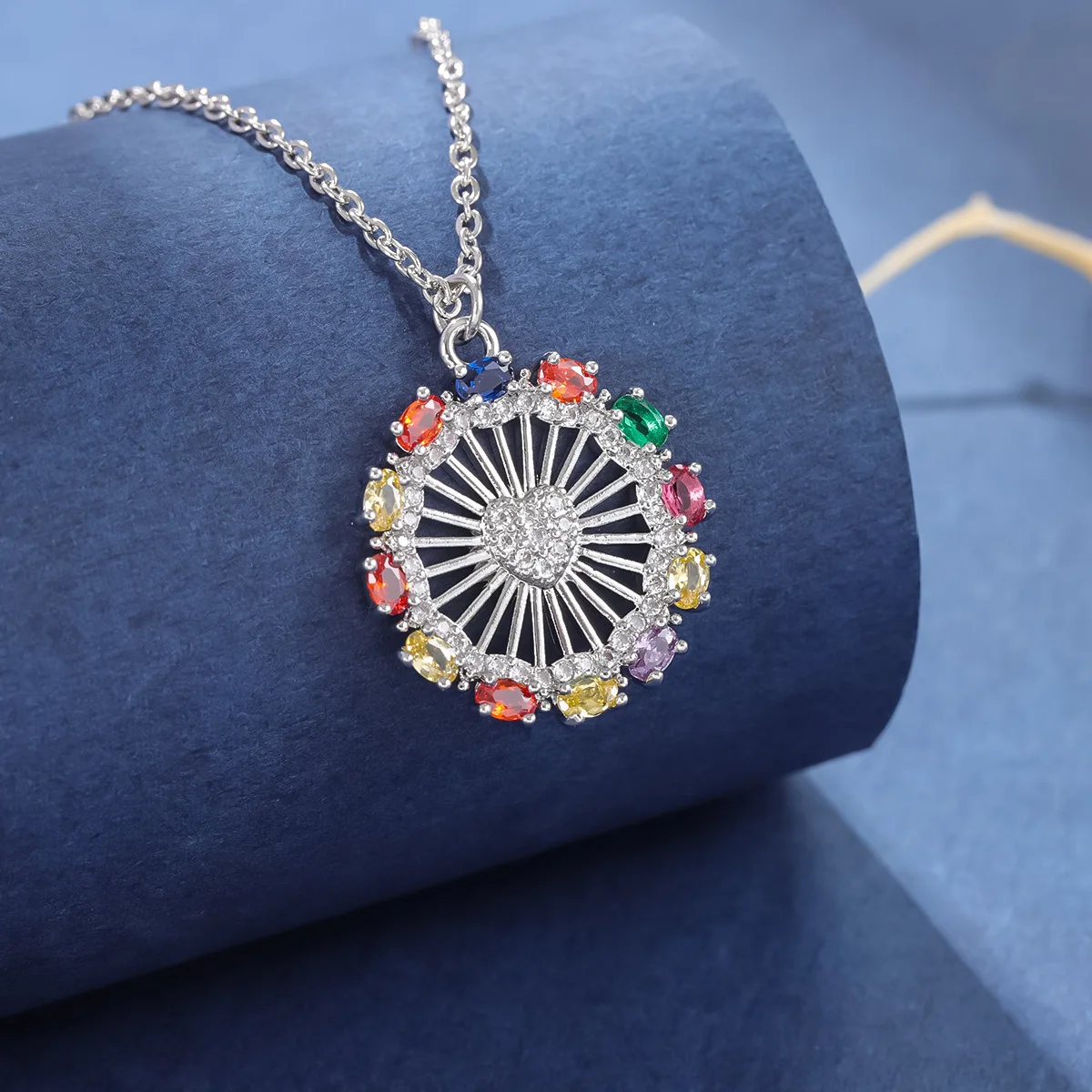 New Fashion Temperament Rotating Ferris Wheel Colorful Rainbow 925 Sterling Silver Heart Shaped Pendant Necklaces  XL286