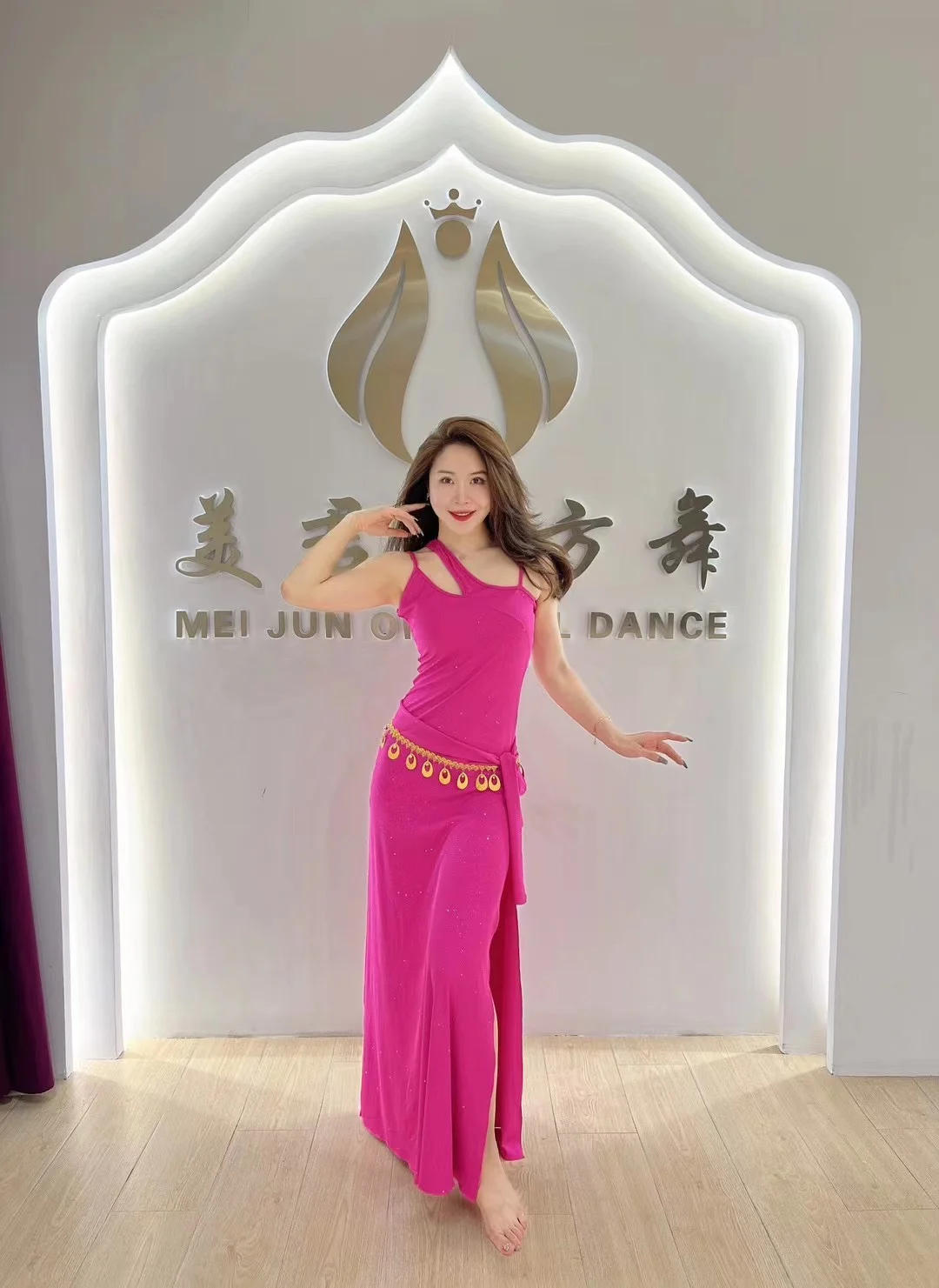 Women Belly Dance Rose Red Suspender Dress Practice Set Oriental Dance Long dress + Waist Chain Robe Dance Costume Customization