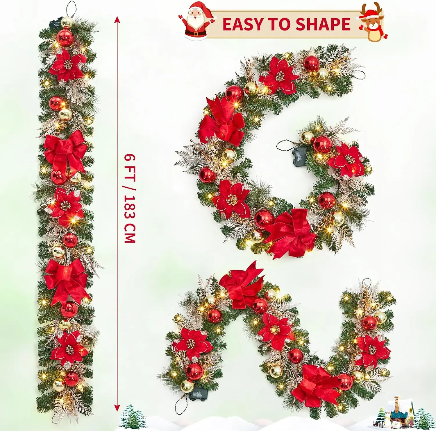 Garvee 6ft Pre-Lit Christmas Garland  Christmas Tree Wreaths Home Party Decoration Outdoor Yard Pine Rattan Hanging Ornaments Fireplace Stair Decor 20 LED Lights 8 Modes Red Gold - view 7