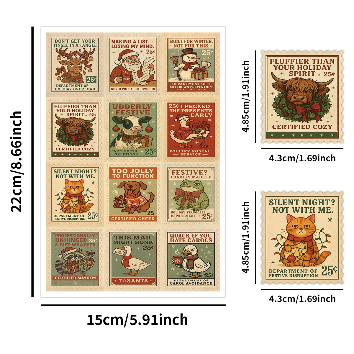 60pcs/5sheets Christmas Stamp-Style Stickers,Funny Animal Labels For Gift Wrapping,Diy Crafts,Scrapbooking,Christmas Party Decor