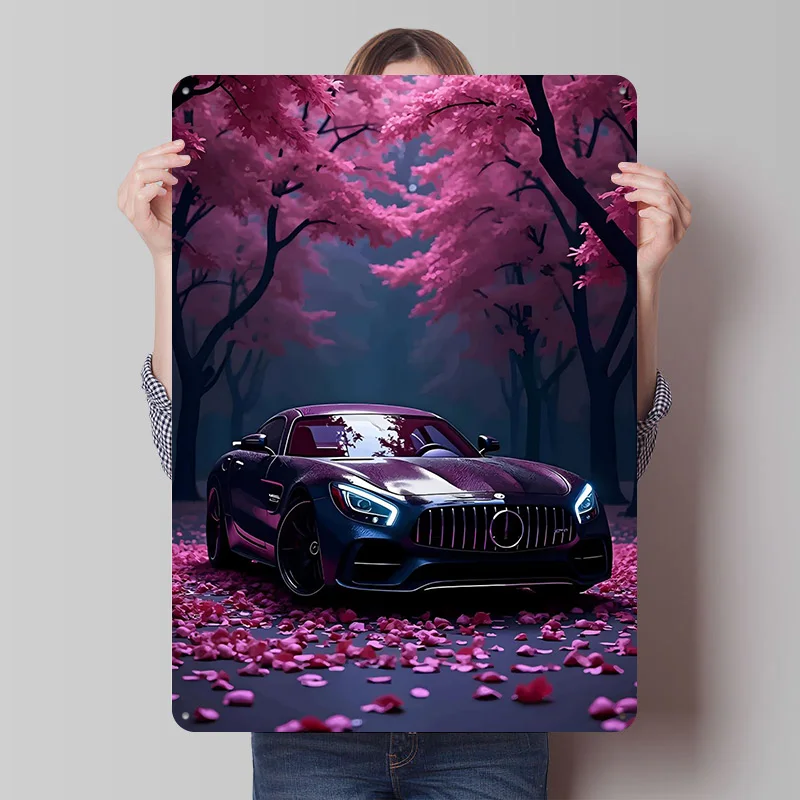 Sports Car-Benz GT in Cherry Blossom Poster Customized Vintage Metal Signs Wall Art Retro Tin Plaque for Garage Man Cave Decor