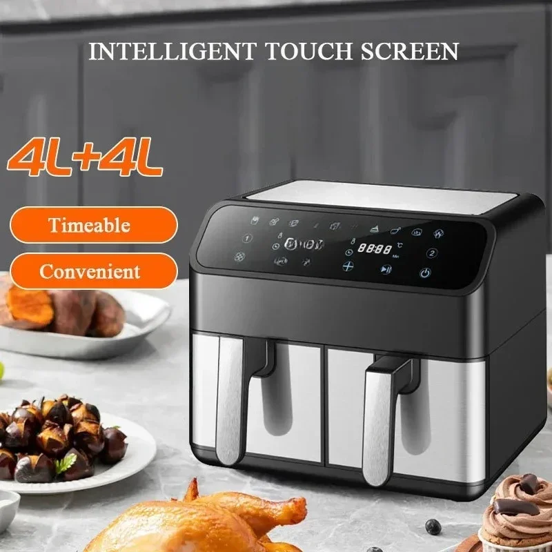 

Air Fryer Stainless Steel Double Basket Digital Display with 8 Cooking Presets Oilless Cooker Dishwasher Safe Basket Frying Pan
