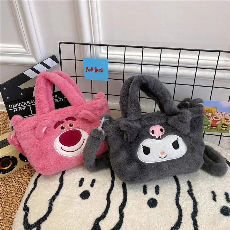 Sanrio-Bolso de hombro de felpa para mujer, mochila Kawaii de Hello Kitty, bolsa de maquillaje, regalo para niña