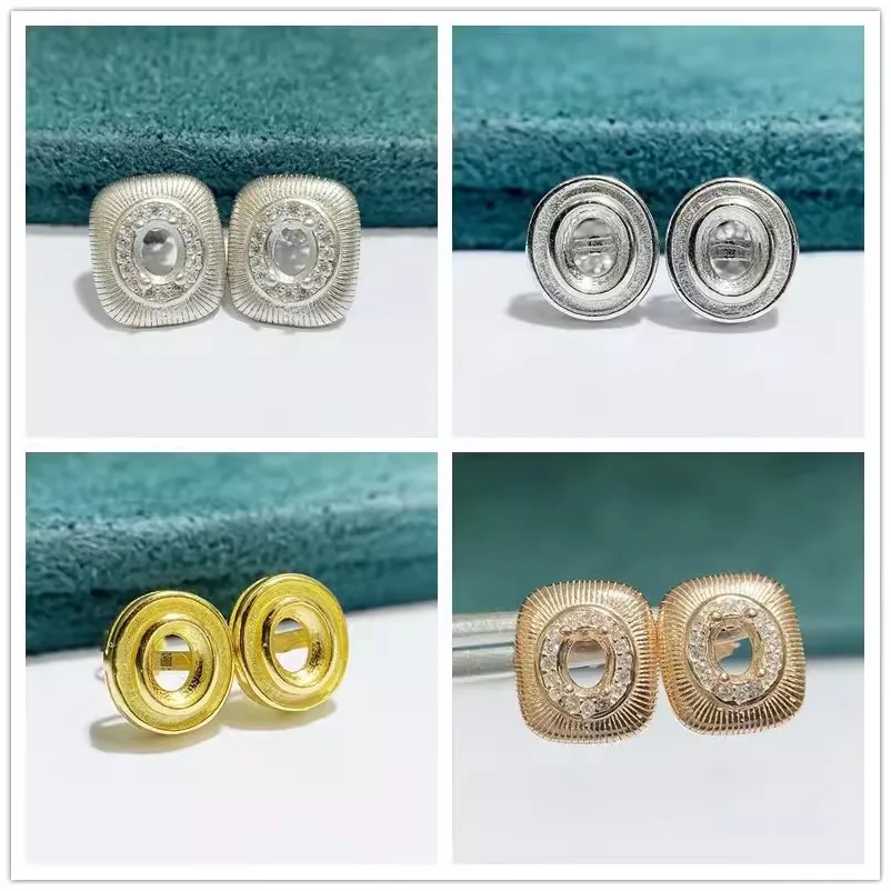 MeiBaPJ 4*5 Elliptic Stones DIY 925 Silver Empty Holders Simple Stud Earrings Fine Charm Party Jewelry for Women