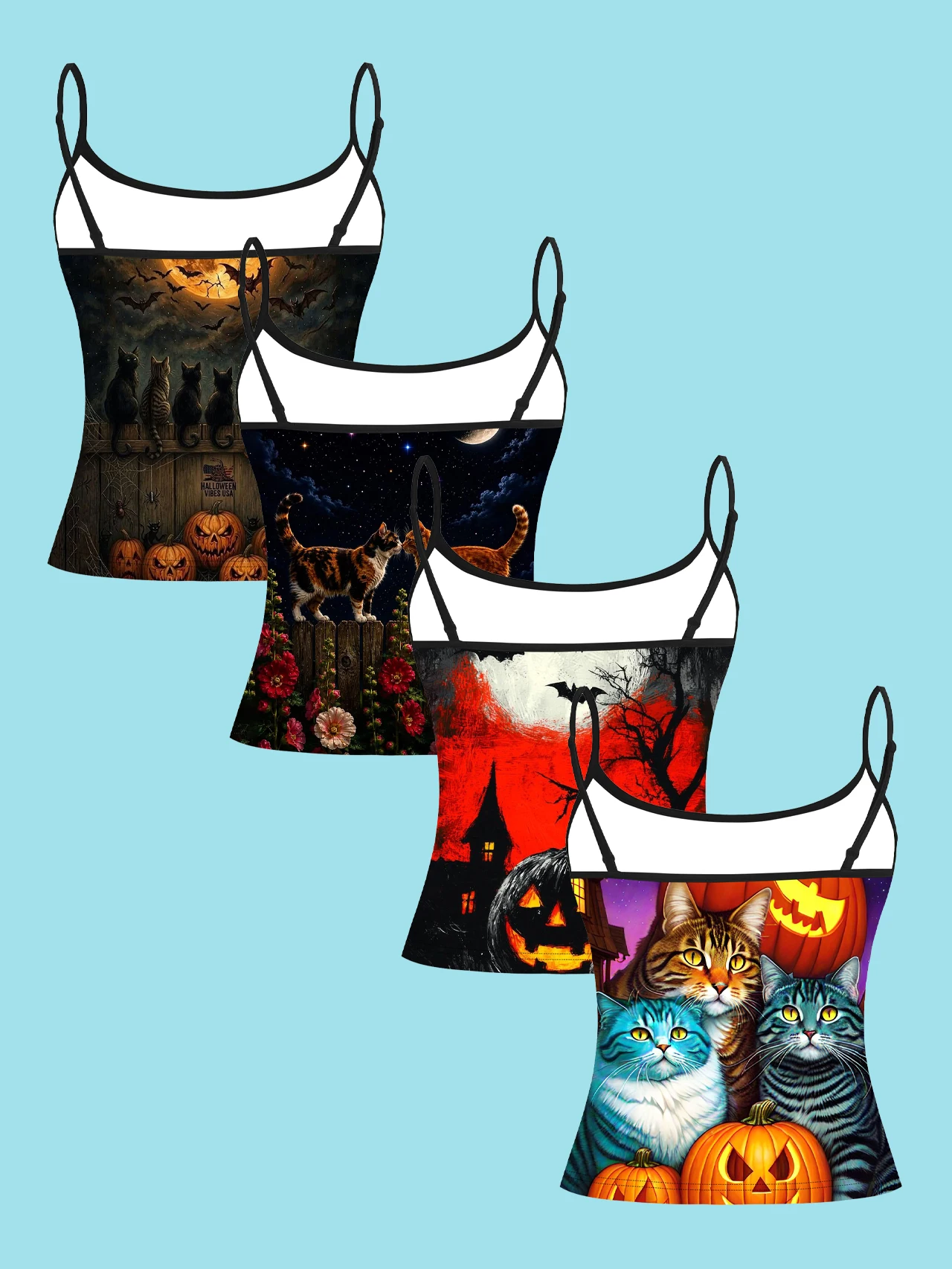 4-Piece Set of Halloween Cat and Pumpkin Women's Camisoles, Full Moon Bat Haunted House Floral Vintage Oil Painting Print Slim-Fit Spaghetti Strap Short Camisole Tops