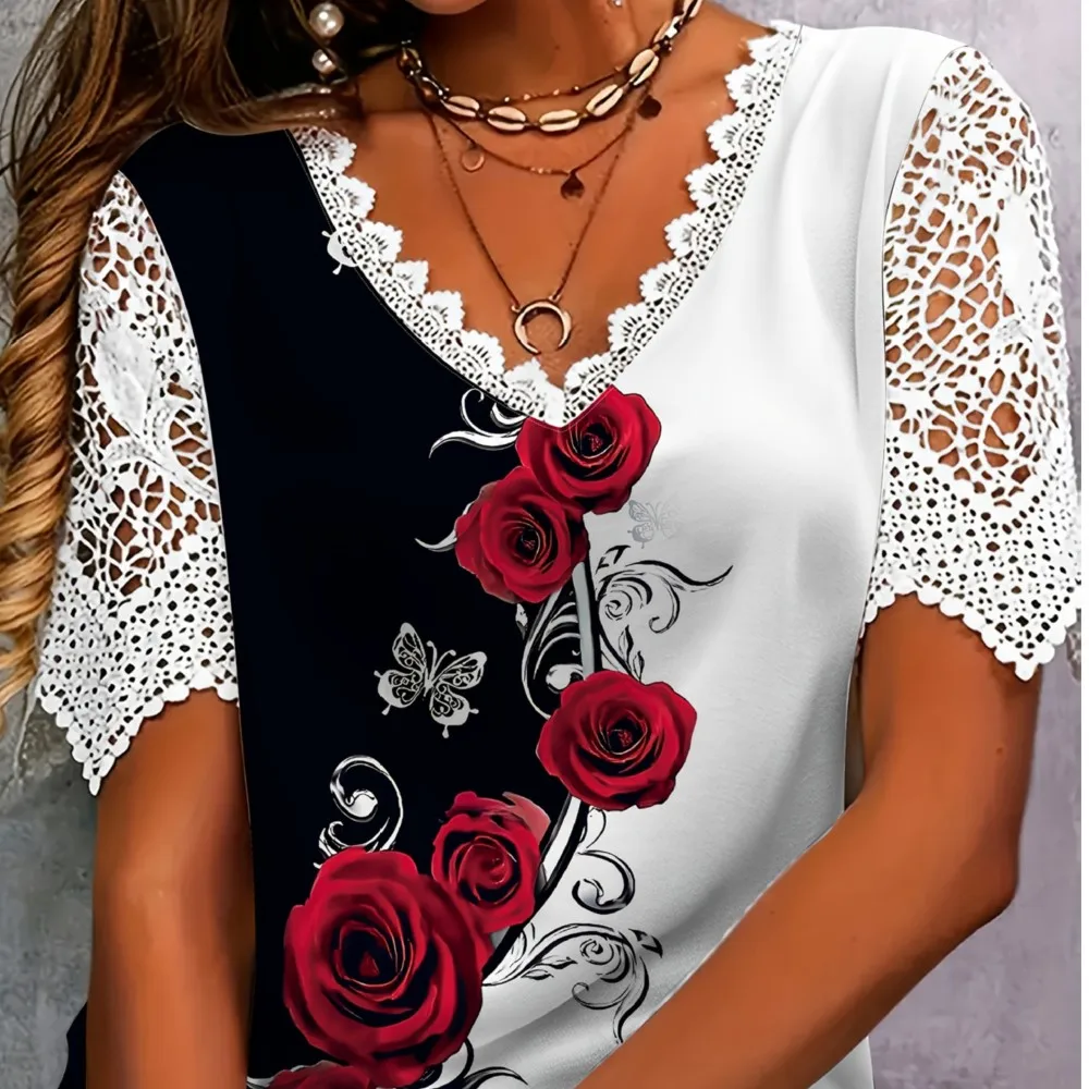 

Casual New T-shirt Fashionable Elegant Bohemian Print Commuter Style Crocheted Hollow Short-sleeved V-neck Pullover Top