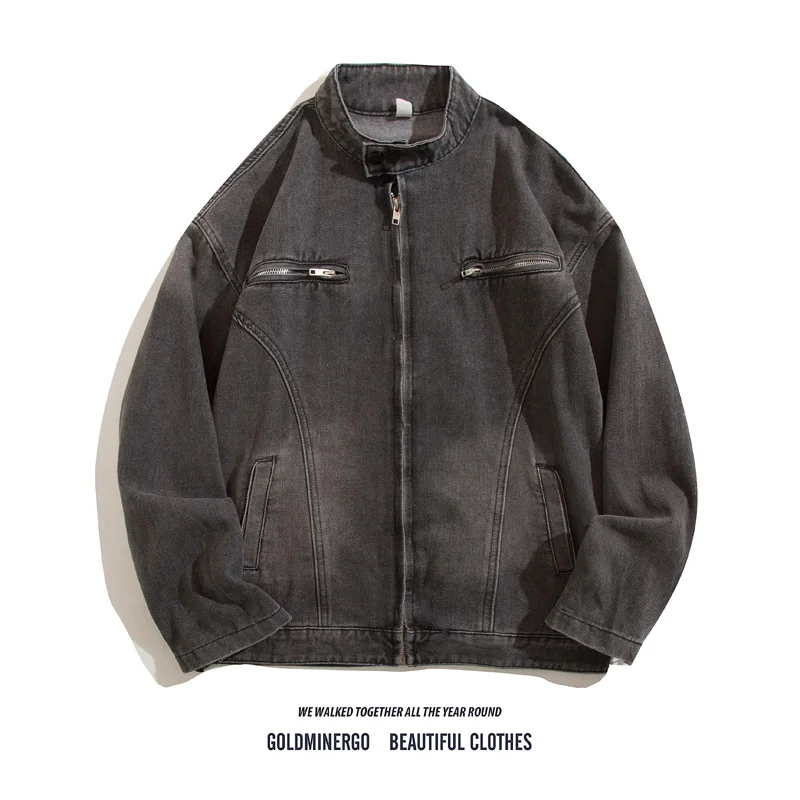 

Мужская джинсовая куртка в стиле ретро, свободного кроя, повседневная, универсальная, с воротником-стойкой, на молнии, молодежная мода, весна-осень