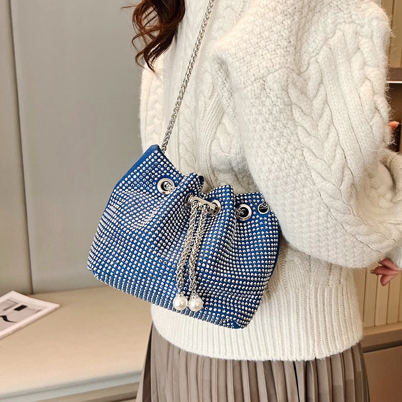 Fashion Drawstring Pearl Chain Bucket Bags for Women Exquisite Evening Clutch Girl Canvas Crossbody Shoulder Bag Female Handbags
