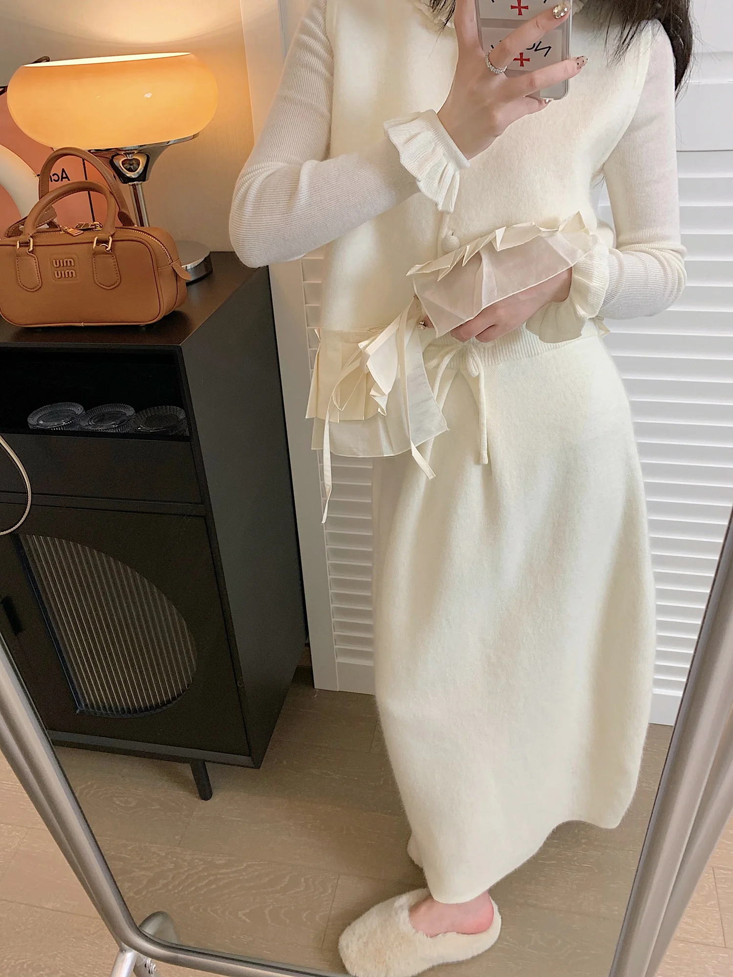 

Bla White Woolen Knitted A-Line Midi Skirt Women's Slim Fit 3D Balloon Skirt with Dstring High Waist Ciwalk Casual