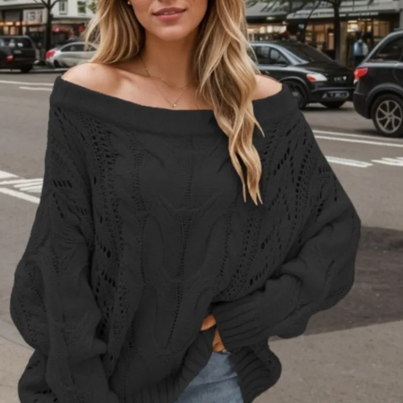 Outono/inverno 2025 fora do ombro plus size solto camisola de malha em linha reta pescoço cor sólida pulôver camisola feminina