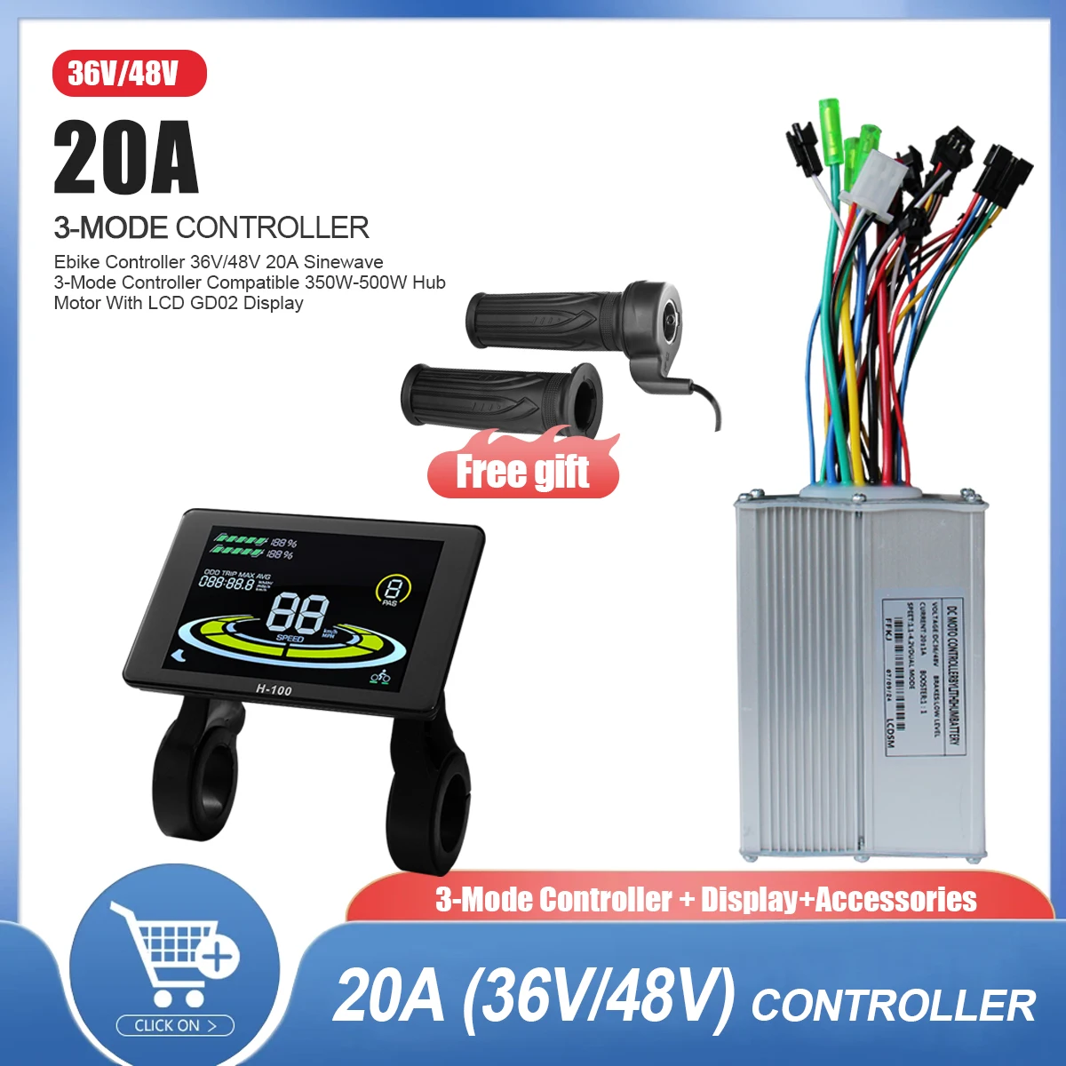 

36V/48V Electric Bike 350W-500W 20A 3 Mode Controller For S-100/H-100 No. 2 protocol LCD instrument e-bicycle scooter accessory