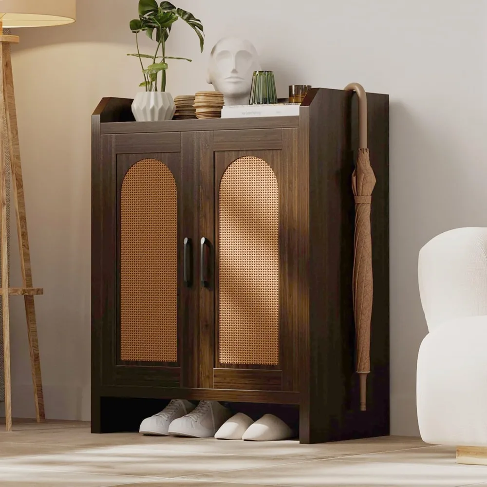

US Shipping Shoe Cabinet Storage for Entryway Natural Rattan Storage Cabinet Wooden Shoe Rack Farmhouse Boho Organizer