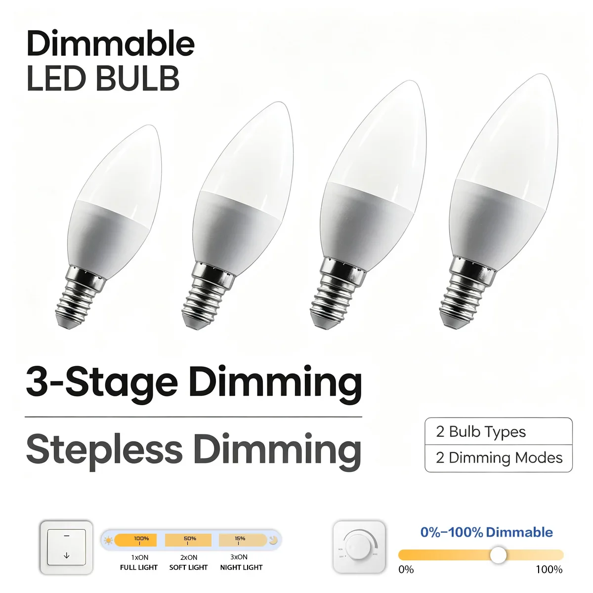 C37 LED Candle Bulb 5W Non‑Flickering 3‑Step & Knob Dimmable 3/4/6000K Selectable AC220‑240V for Chandelier Indoor Decoration