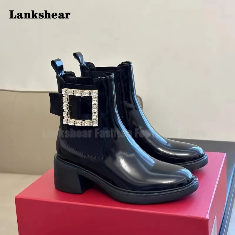 

Patent Leather Diamond Square Buckle Chelsea Boots Chunky Heels New High-Heeled Boots British Style Ankle Boots for Women