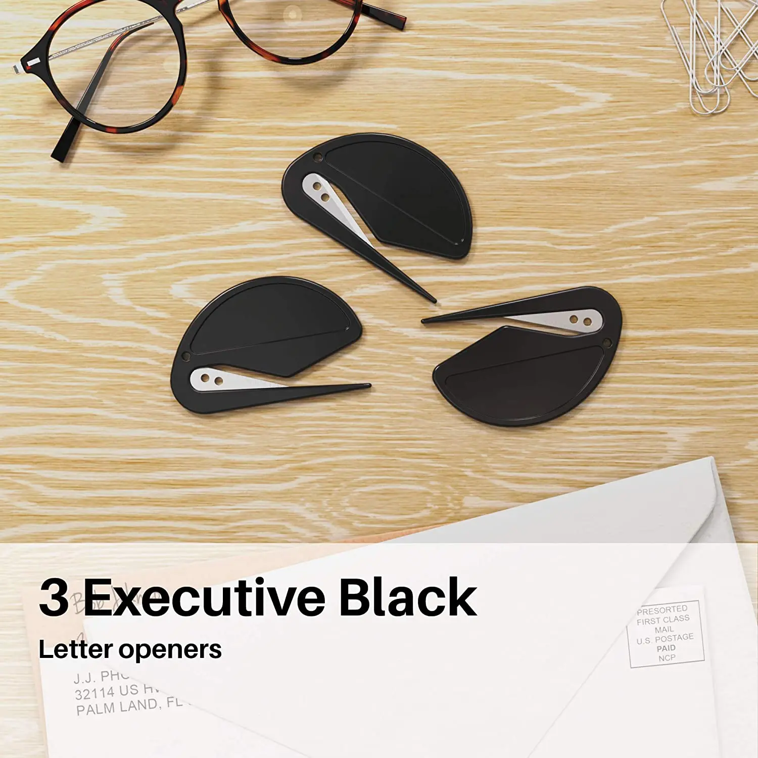 Letter Openers - Executive Black - Sharp and Efficient - Open Envelopes with Ease (Black, 3 Pieces)