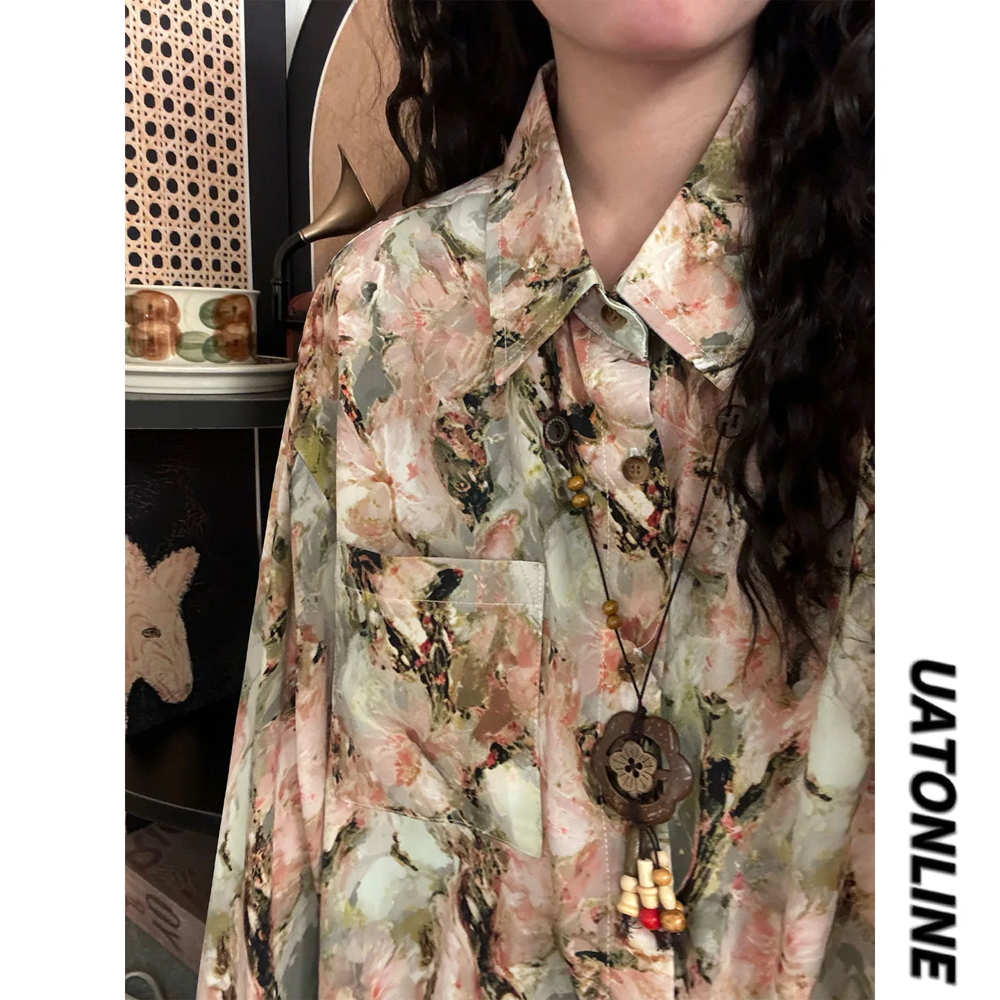 

UATONLINE2026 Весенняя рубашка в американском ретро-стиле с принтом, длинным рукавом, модная, свободного кроя, в уличном стиле, с воротником