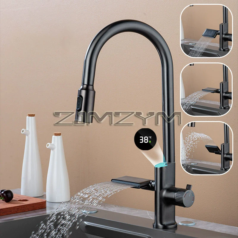 Kitchen Faucet Hot Cold Water Sink Mixer Tap Pull Out Stream Sprayer Waterfall Temperature Sensor Digital Display Kitchen Tap