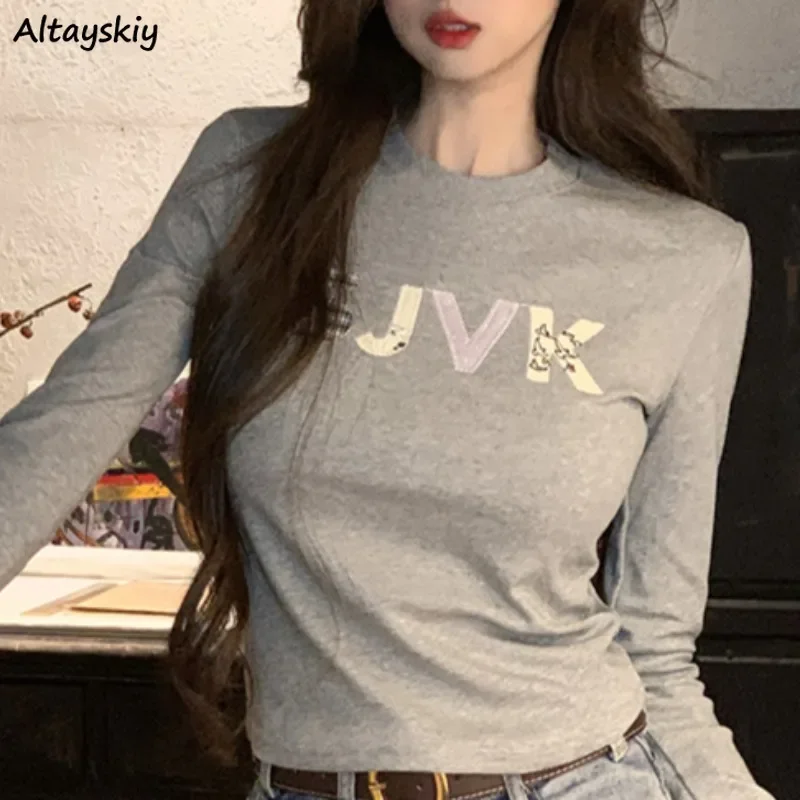 Spring Autumn T-shirts for Women Long Sleeve Letter All-match High Street Fashion College Girls Slim O-neck Niche Casual Young