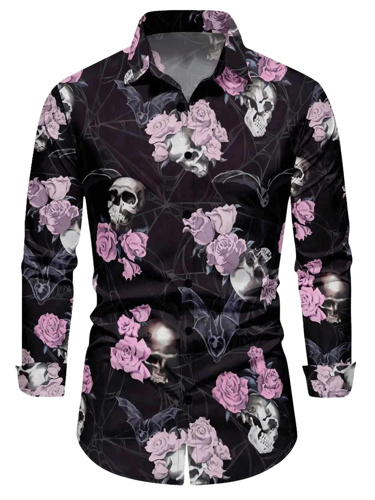 Sunflower Skull Print Men's Shirt Autumn Daily Casual Gothic Style Long Sleeve Tops Loose Breathable Quick Dry Halloween Clothes