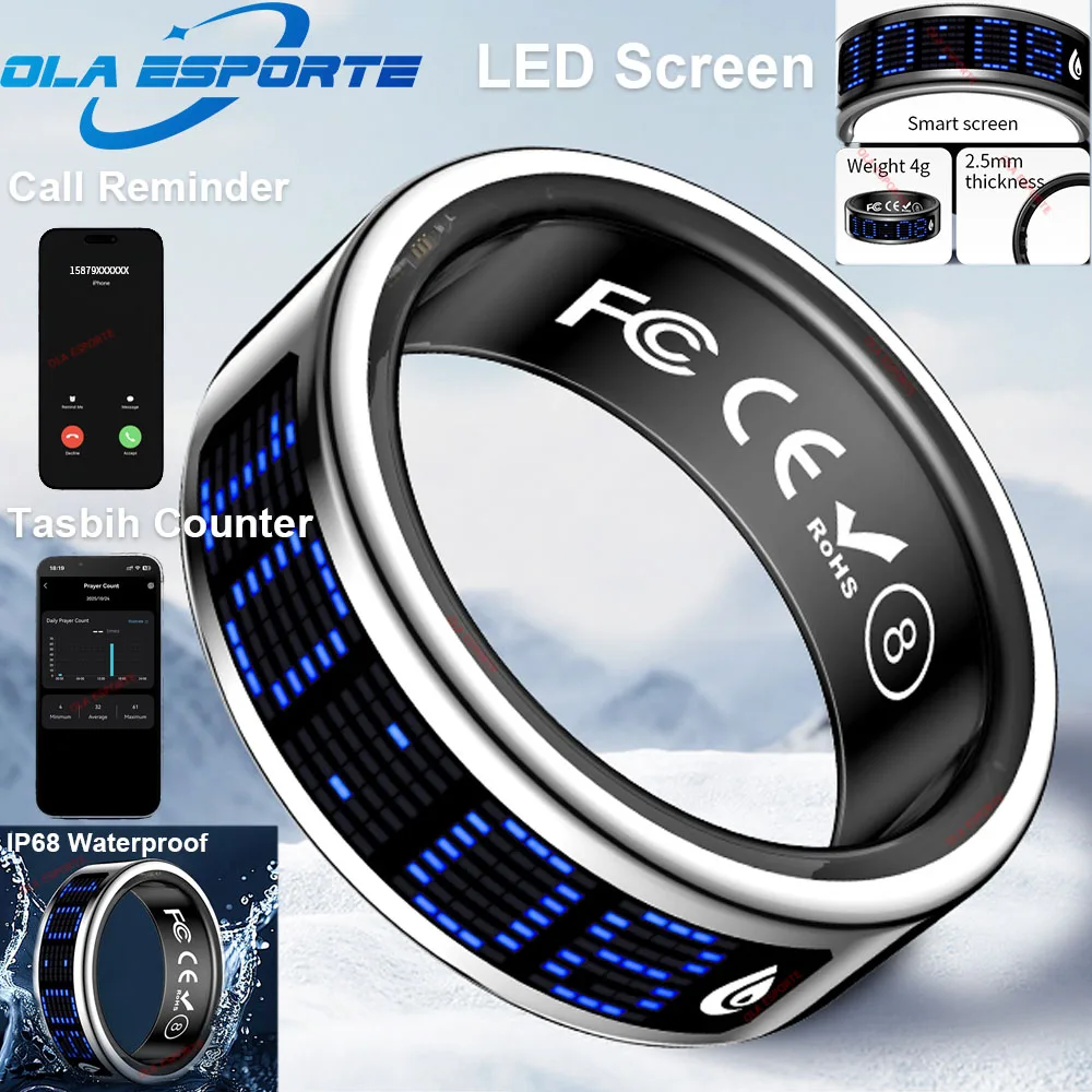

2025 LED Screen Smart Ring Caller Reminder Multi-functional Display Heart Rate Health Motion Detection IP68 Waterproof Smartring