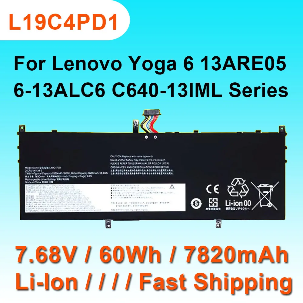 

Аккумулятор L19C4PD1 для ноутбука Lenovo Yoga 6 13ARE05 13ALC6 C640-13IML Series L19L4PD1 L19D4PD1 L19M4PD1 5B10W67395 7,68 V 60Wh