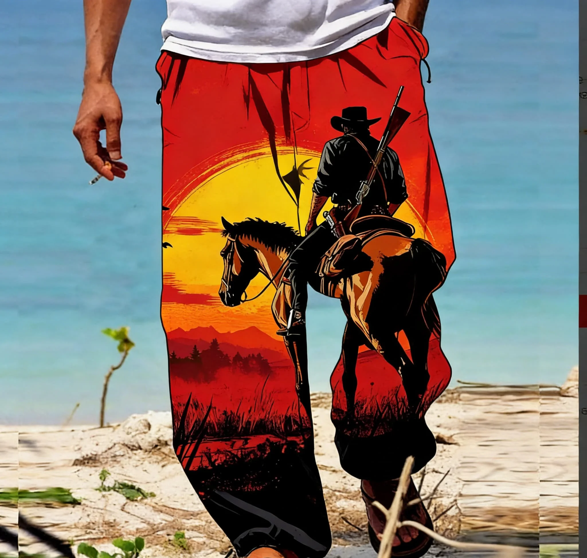 

Мужские летние тонкие быстросохнущие брюки в стиле ретро с ковбойским принтом, свободные повседневные брюки, широкие брюки для отдыха в гавайском стиле