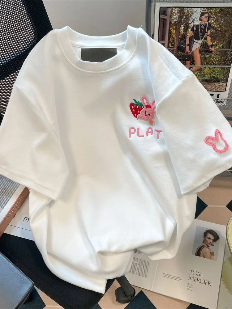 夏用ルーズフィットラウンドネック半袖Tシャツ刺繍入り純綿和風万能カジュアルトップス若い女性向け 1