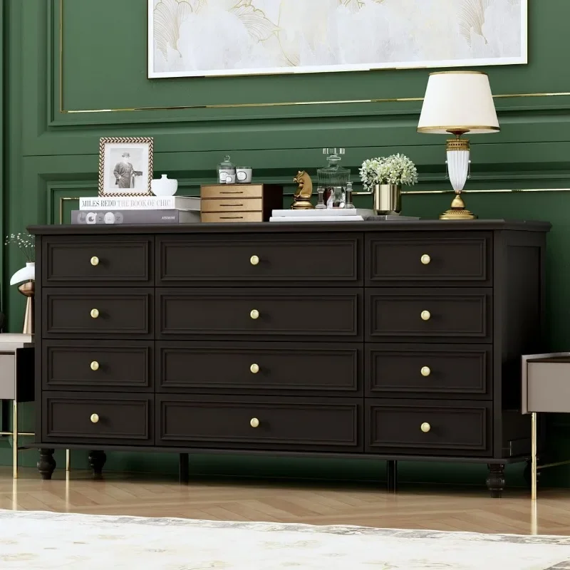 

Dresser Chest of Drawers 12 Drawer Dresser, Modern Contemporary 12 Drawer Chest with Gold Metal Handles, Wooden Legs, Black