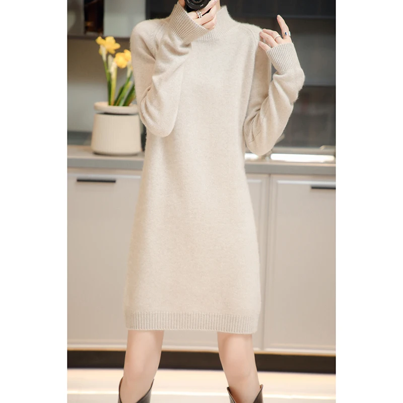 

Long Sleeves Knitted Dresses Women Wool Turtleneck Loose Woman Winter Warm Knit Winter Dress Soft Sweater Knee Length Skirt 2024