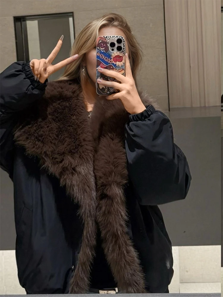 Women Reversible Faux Fur Parker Coat Loose Lapel Long Sleeve Warm Outerwear Casual Jacket 2026 Winter Lady Daily Street Outfits