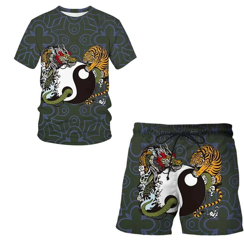 

2024 New Funny Dragon totem T-shirt + Shorts Suit Men's Cool 3D Printed Animal Tops Summer Male Casual Tracksuit Set