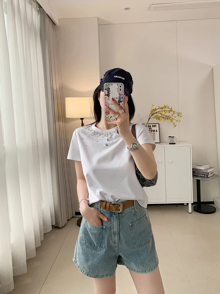 

Женская футболка из чистого хлопка с коротким рукавом и круглым вырезом, с простым дизайном, для повседневной носки, из смеси хлопка и полиэстера, летняя.