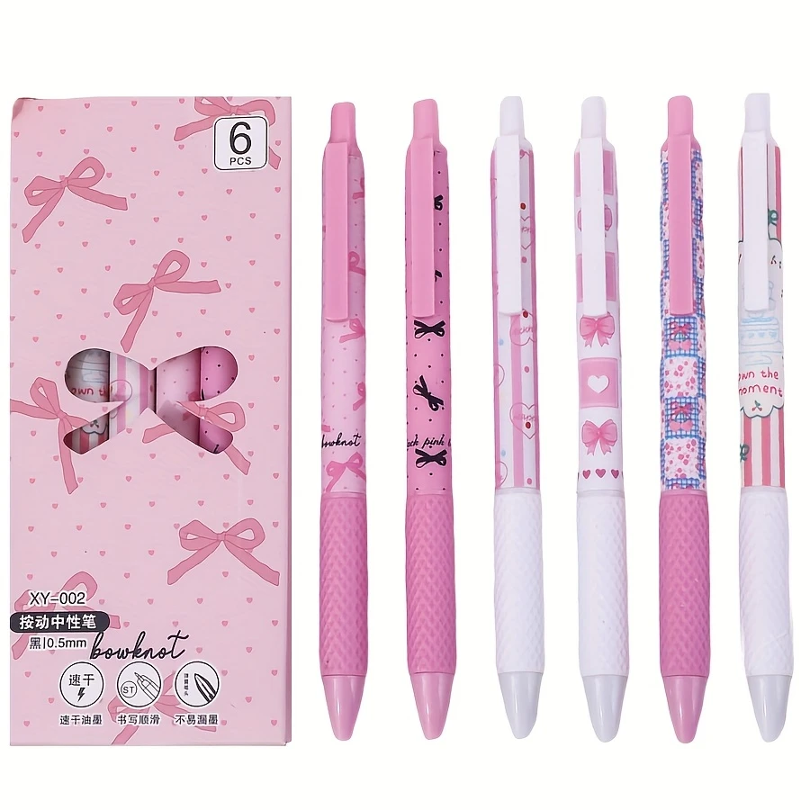 

Набор из 6 гелевых ручек, тонкая точка 0,5 мм, черные чернила, дизайн с розовым бантом, плавное письмо для ведения журнала, сезона школы и выпускного